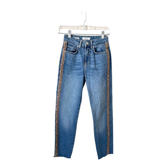 Bershka Denim - Bershka High Rise Straight Snake Stripe Denim Jeans Blue Beige Size 00